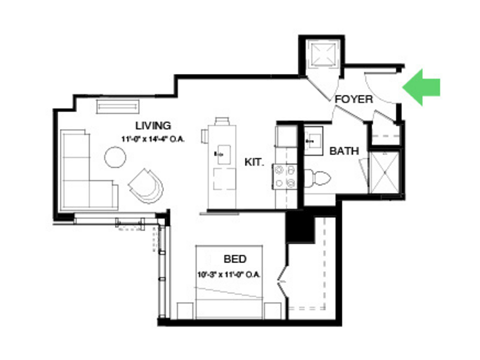 Floor plan for 1 bed, 1 bath, 634 sqft